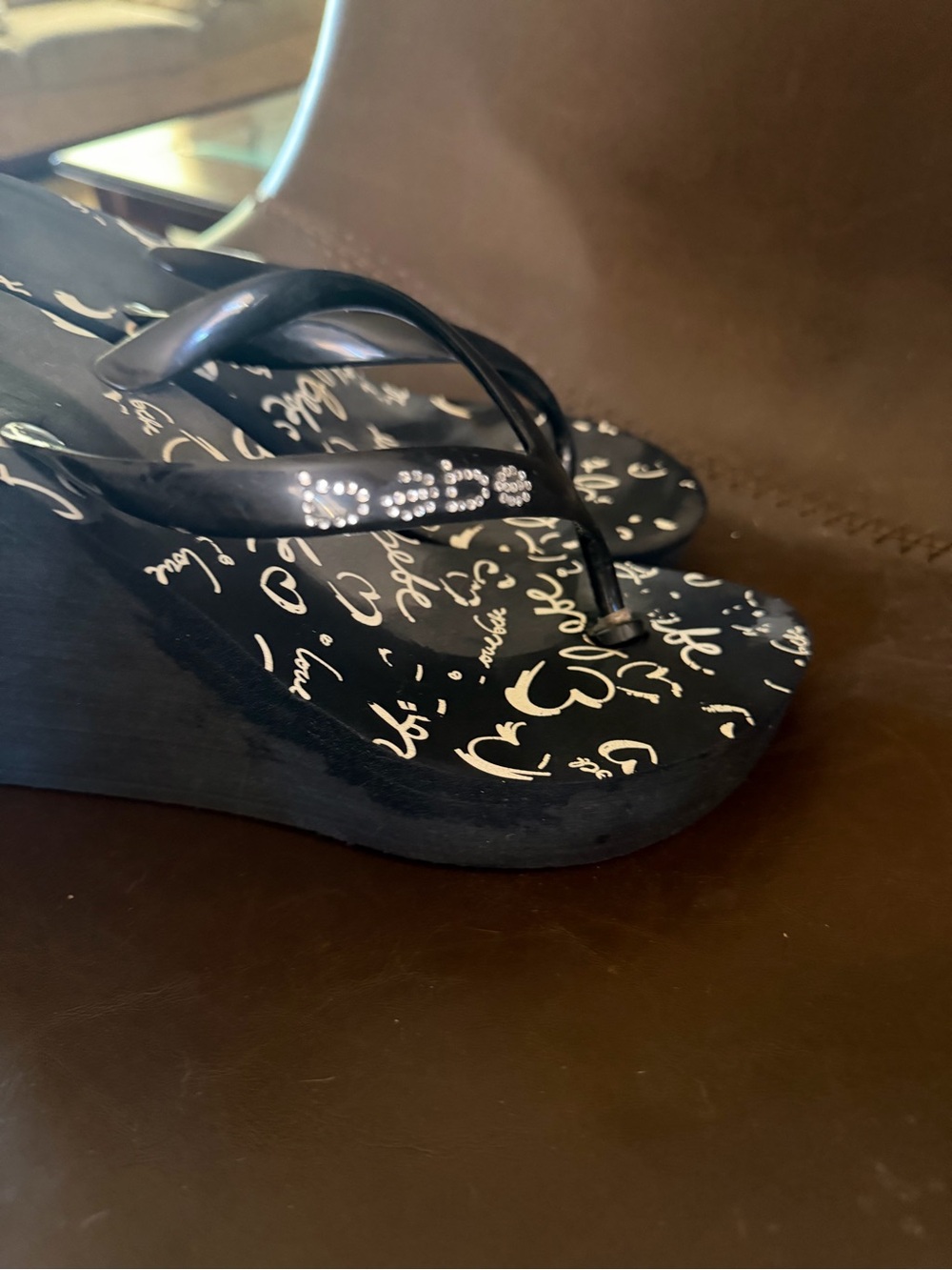 bebe Black Wedge Flip-Flop Sandals with Crystal Accents